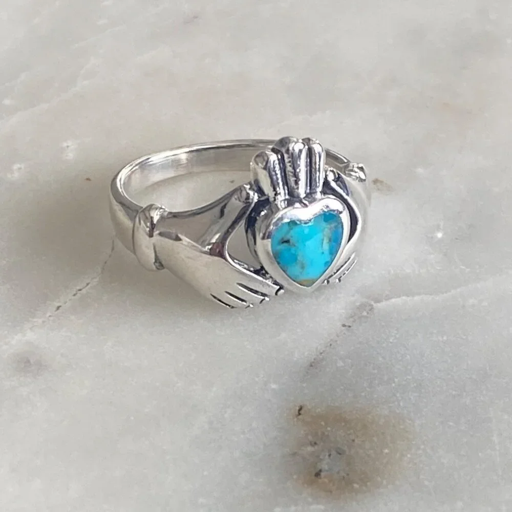 NEW Sterling Silver Claddagh Ring with Turquoise Heart Size 7